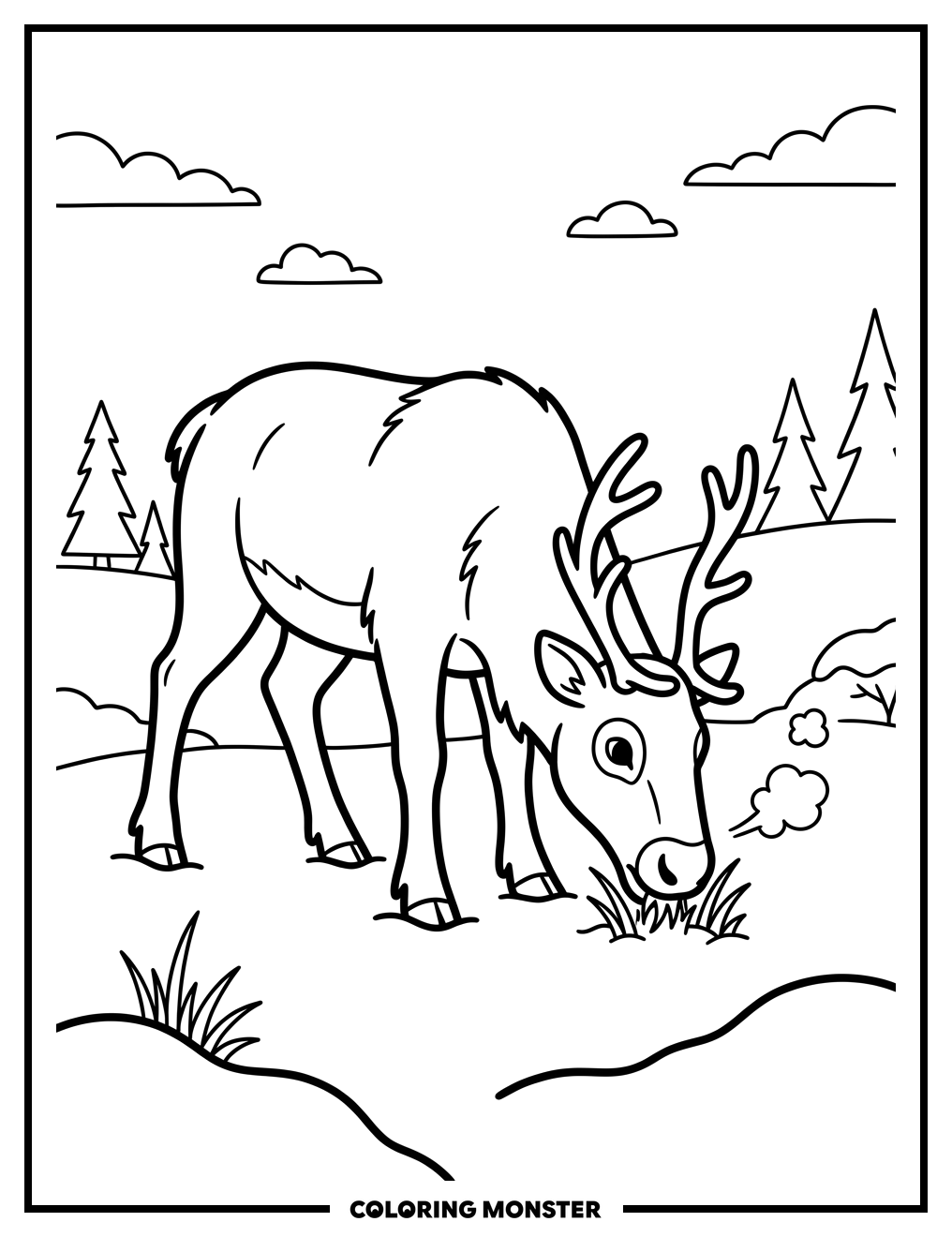 Reindeer Grazing in Winter Snow Coloring Page