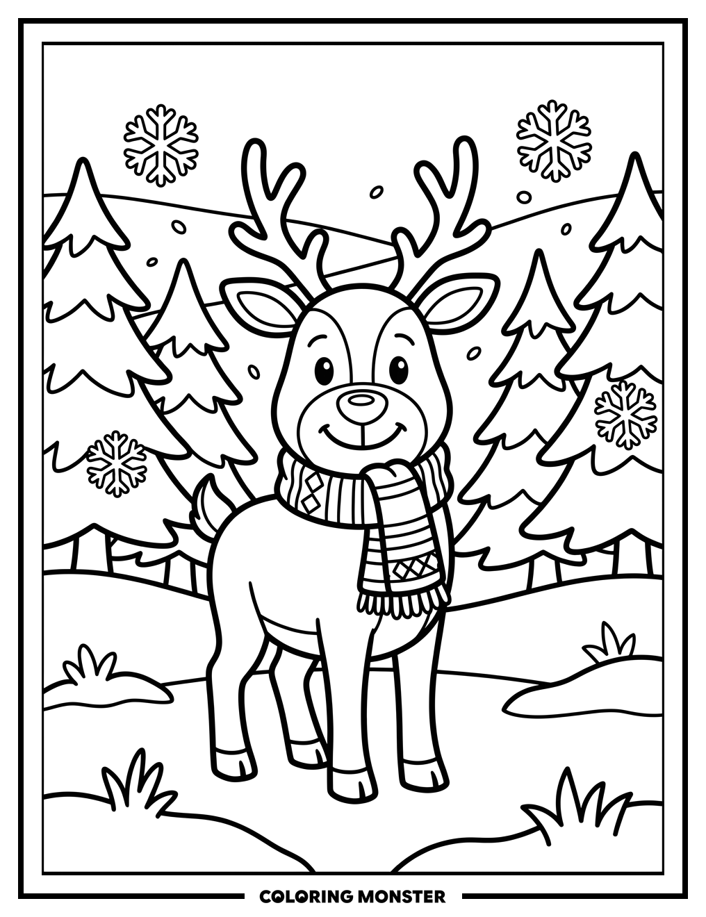 Reindeer In A Snowy Forest Coloring Page