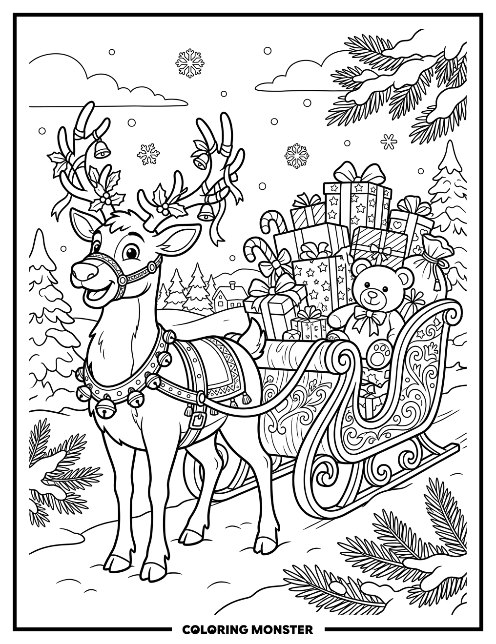 Reindeer Pulling A Sleigh Full Of Gifts Coloring Page