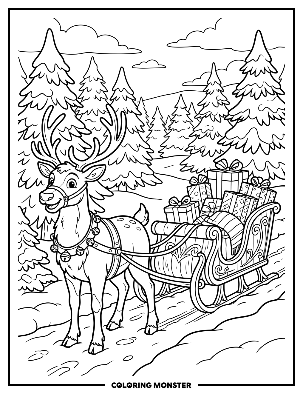 Reindeer Pulling Sleigh Full Of Gifts Coloring Page