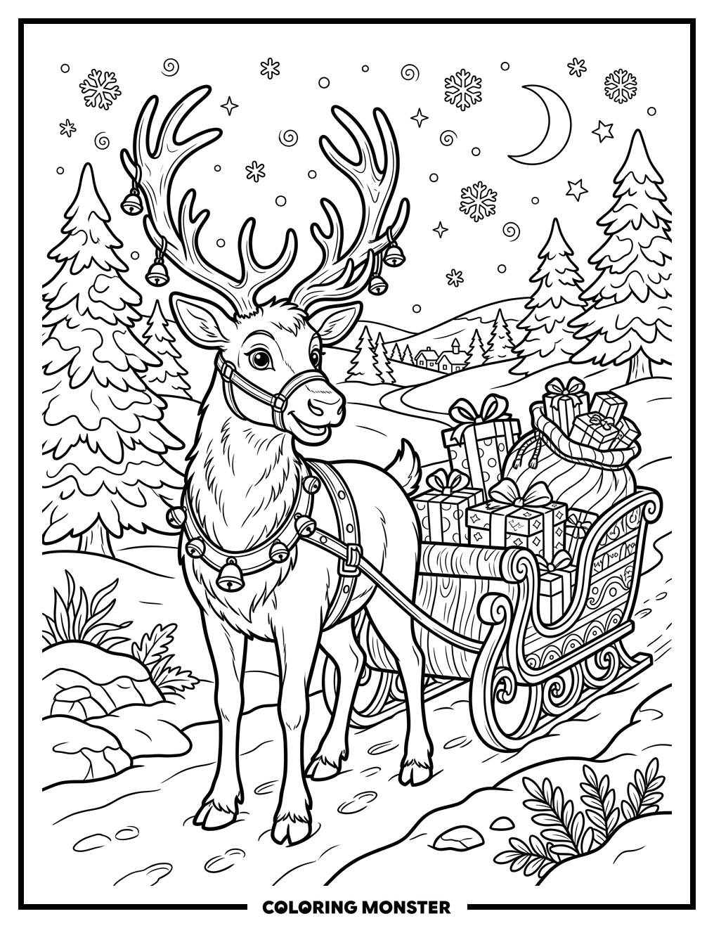 Reindeer Pulling Sleigh of Gifts Coloring Page