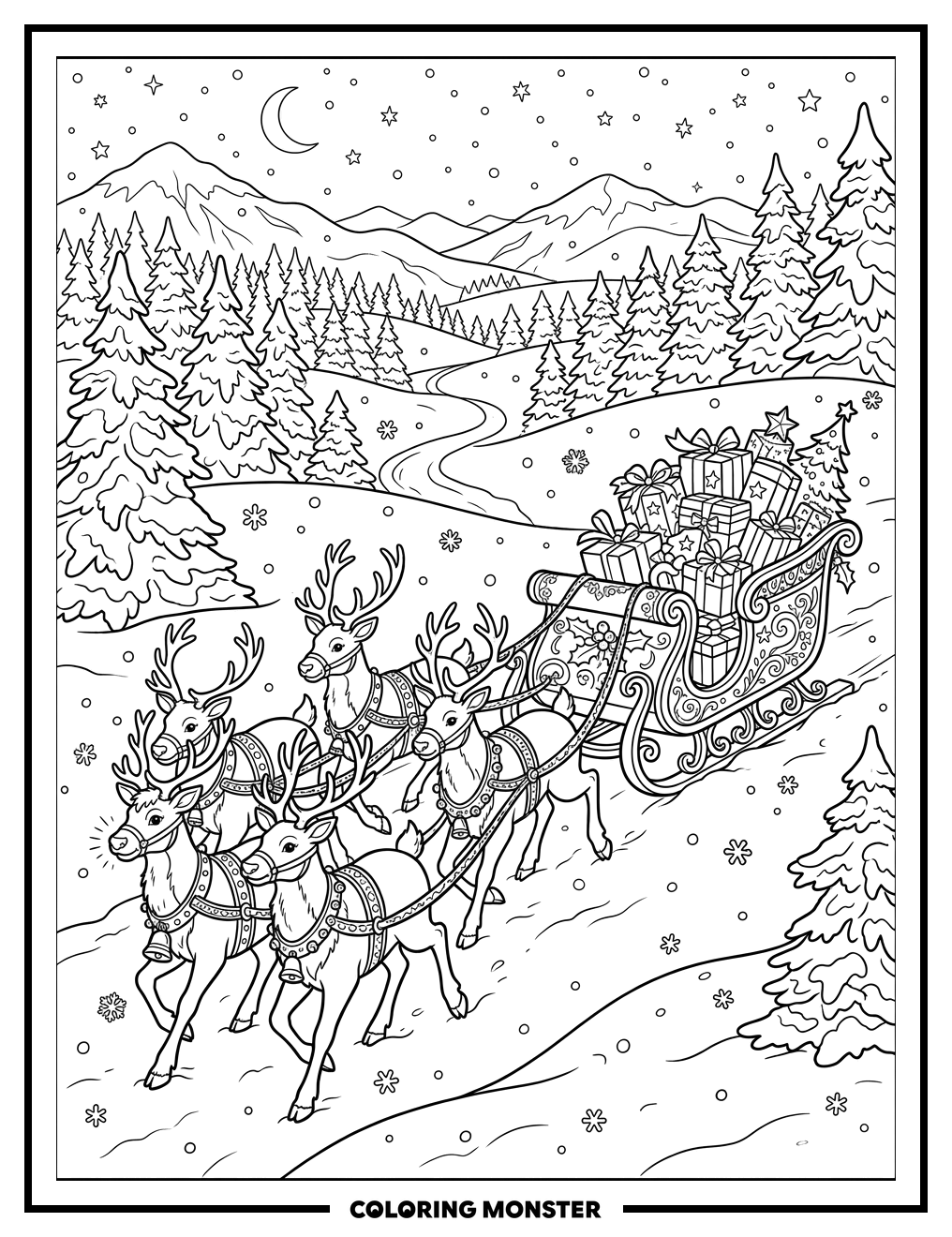 Reindeer Pulling Sleigh Through Snow Coloring Page