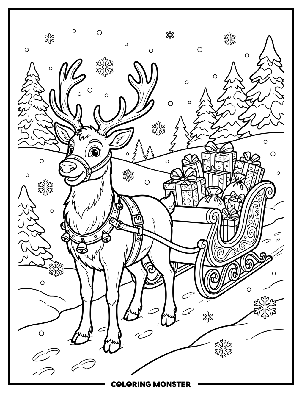 Reindeer Ready With Sleigh Of Presents Coloring Page
