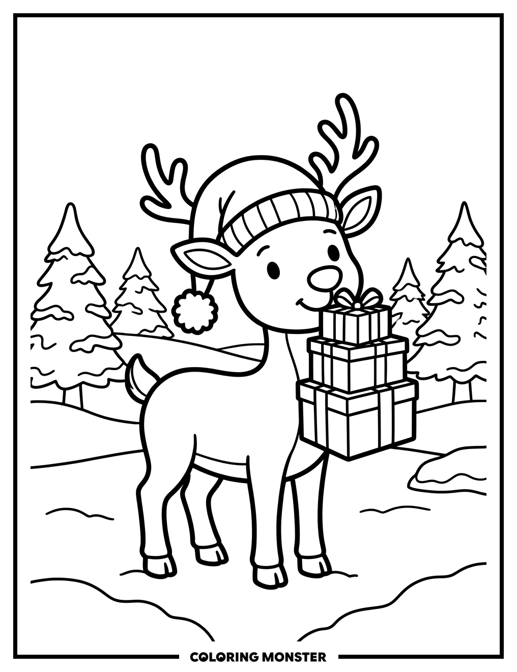 Reindeer With Presents Coloring Page