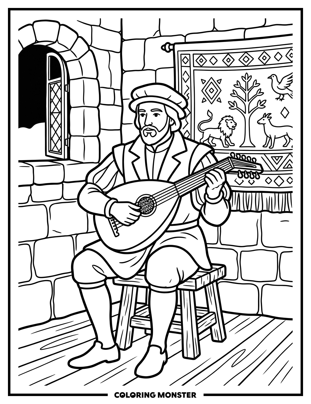 Renaissance Lute Player Coloring Page