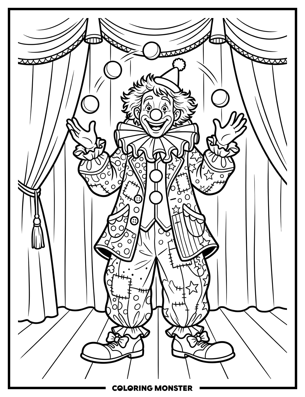 Renaldo the Clown Juggling on Stage Coloring Page