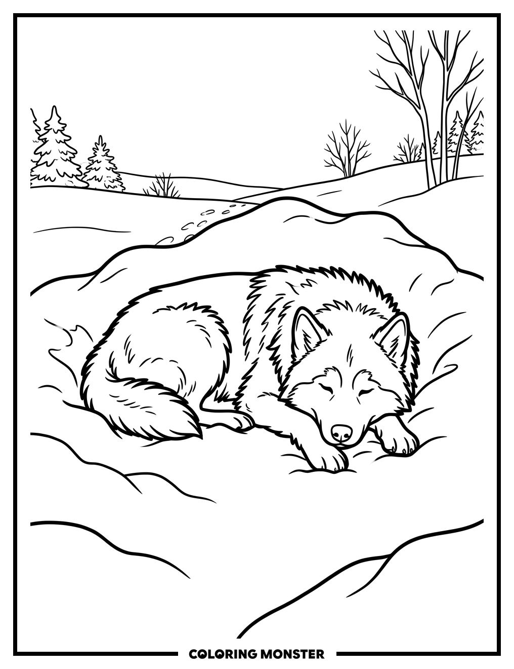 Resting Sled Dog in Snow Coloring Page