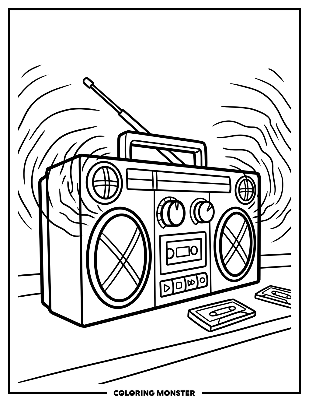 Retro Boombox with Sound Waves Coloring Page