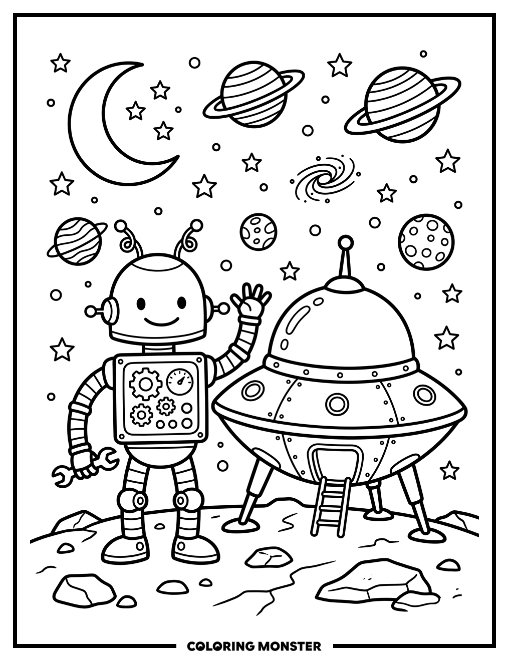 Retro Robot and Flying Saucer Coloring Page