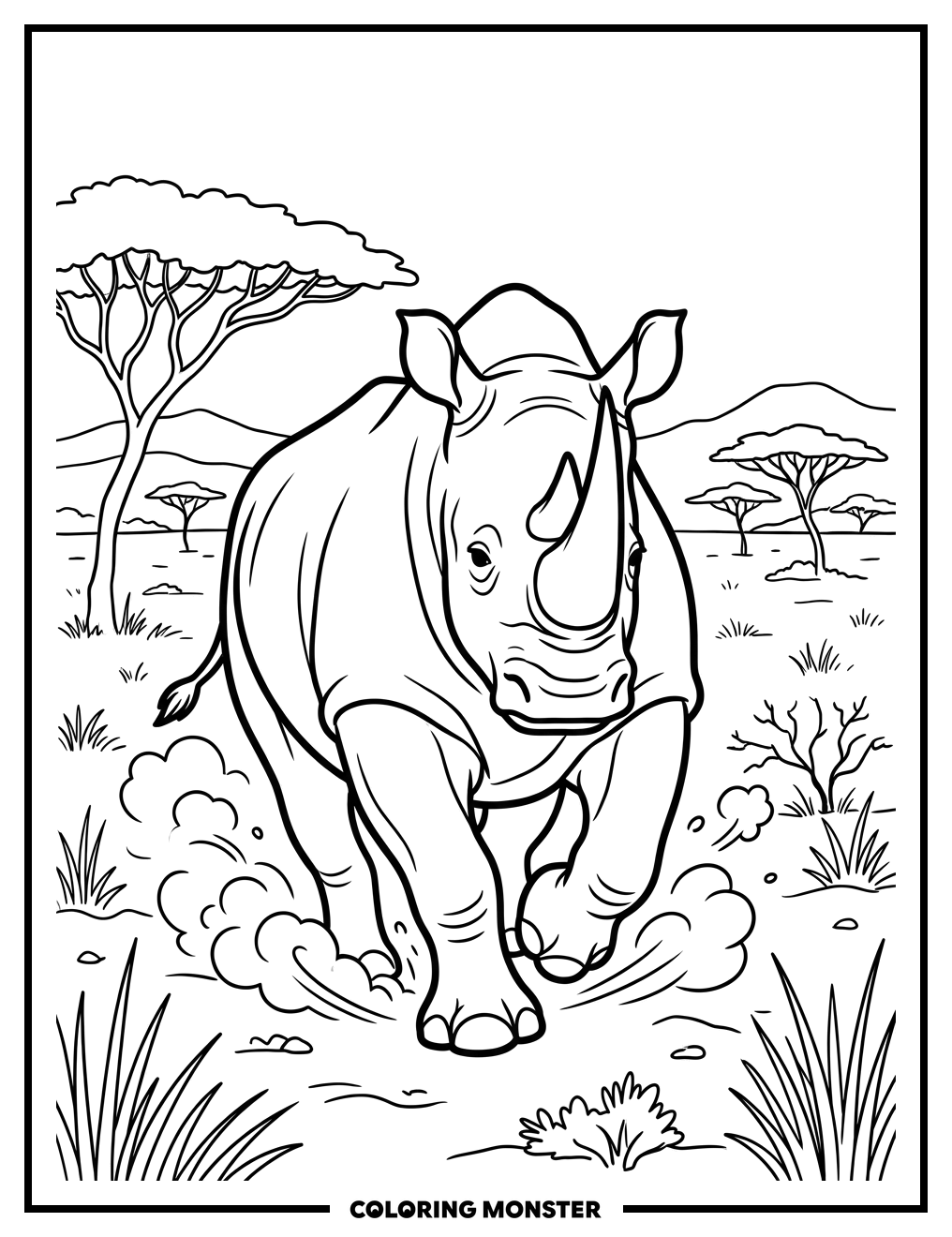 Rhinoceros Charging on the Savanna Coloring Page