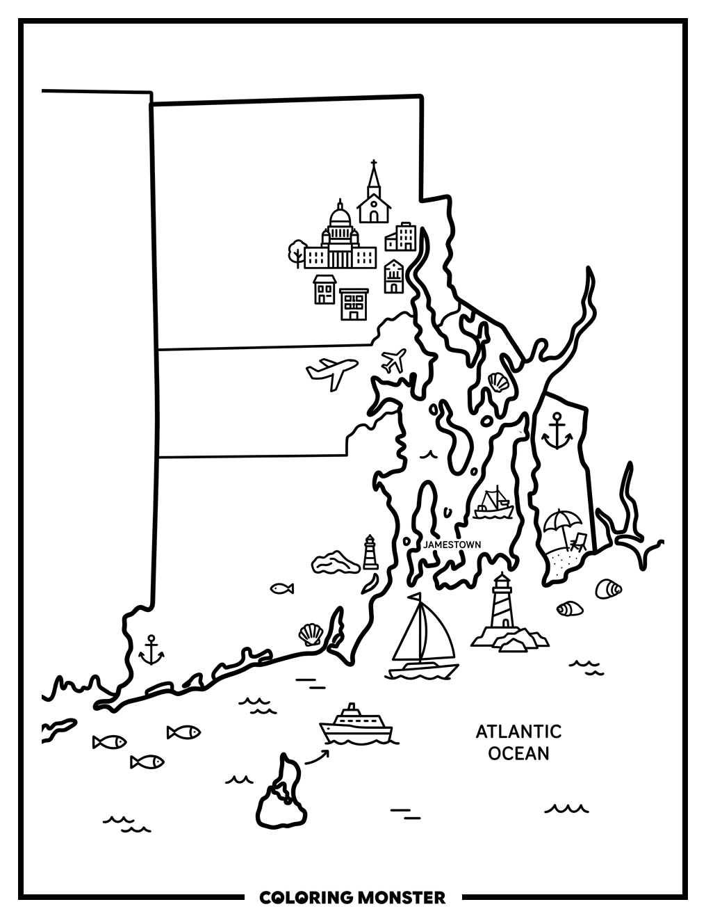 Rhode Island Map Adventure Coloring Page