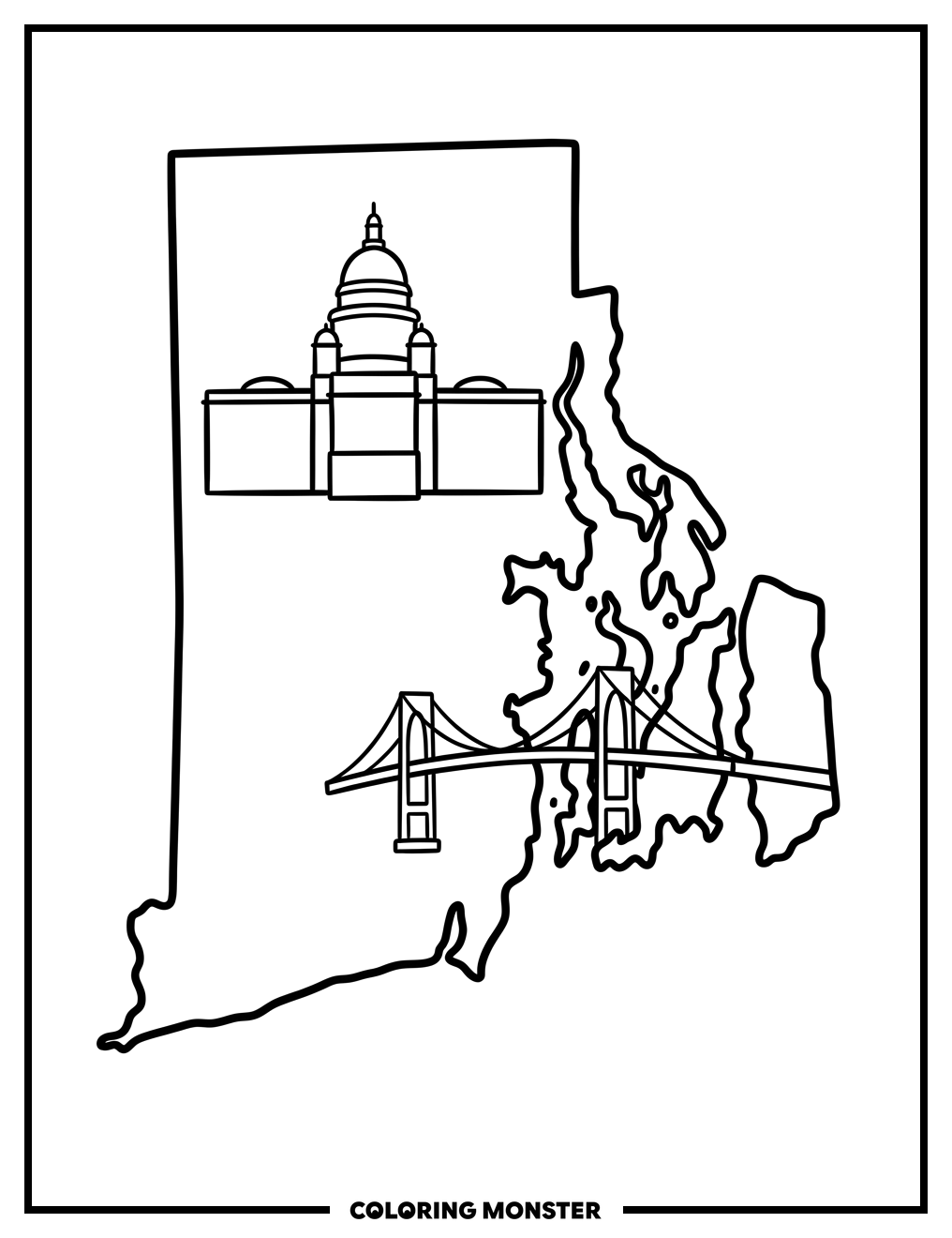 Rhode Island Outline With Landmarks Coloring Page