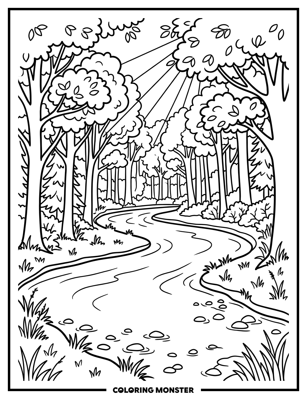 River in a Lush Forest Coloring Page