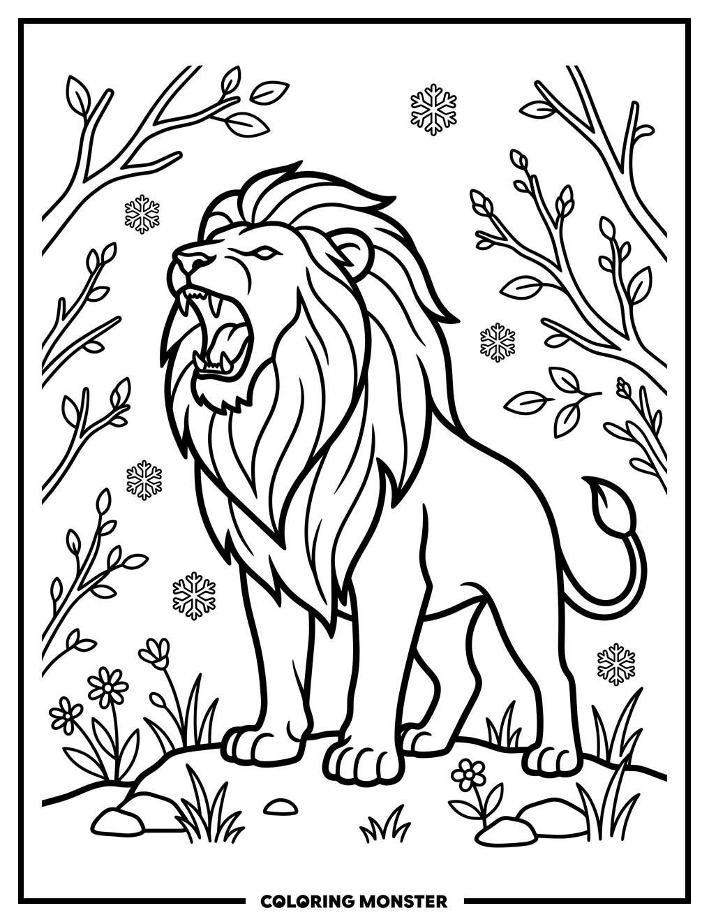 Roaring Lion in Spring Snow Coloring Page