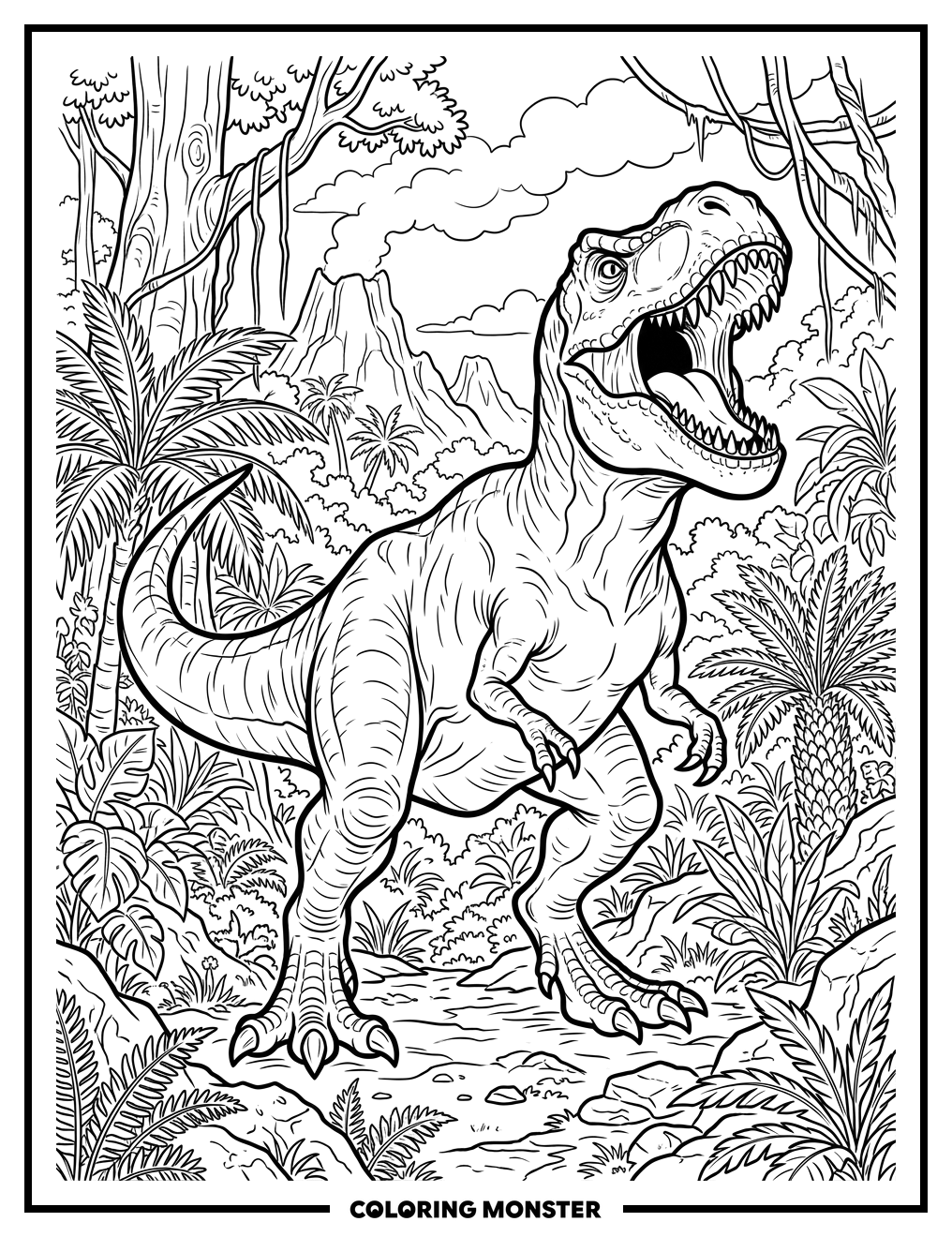 Roaring T-Rex in Prehistoric Jungle Coloring Page