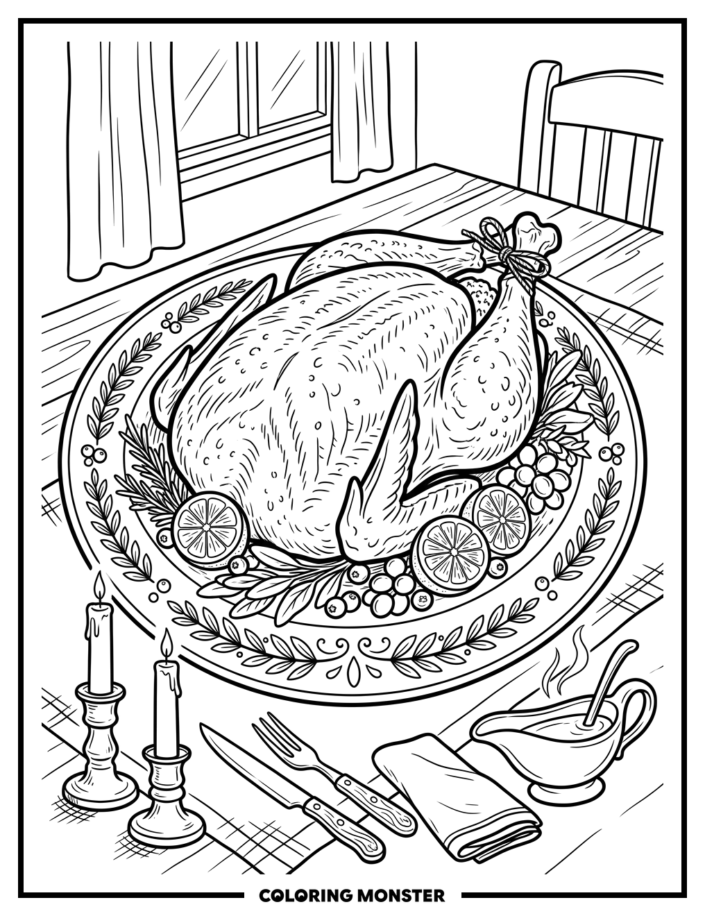 Roast Turkey on Decorative Platter Coloring Page
