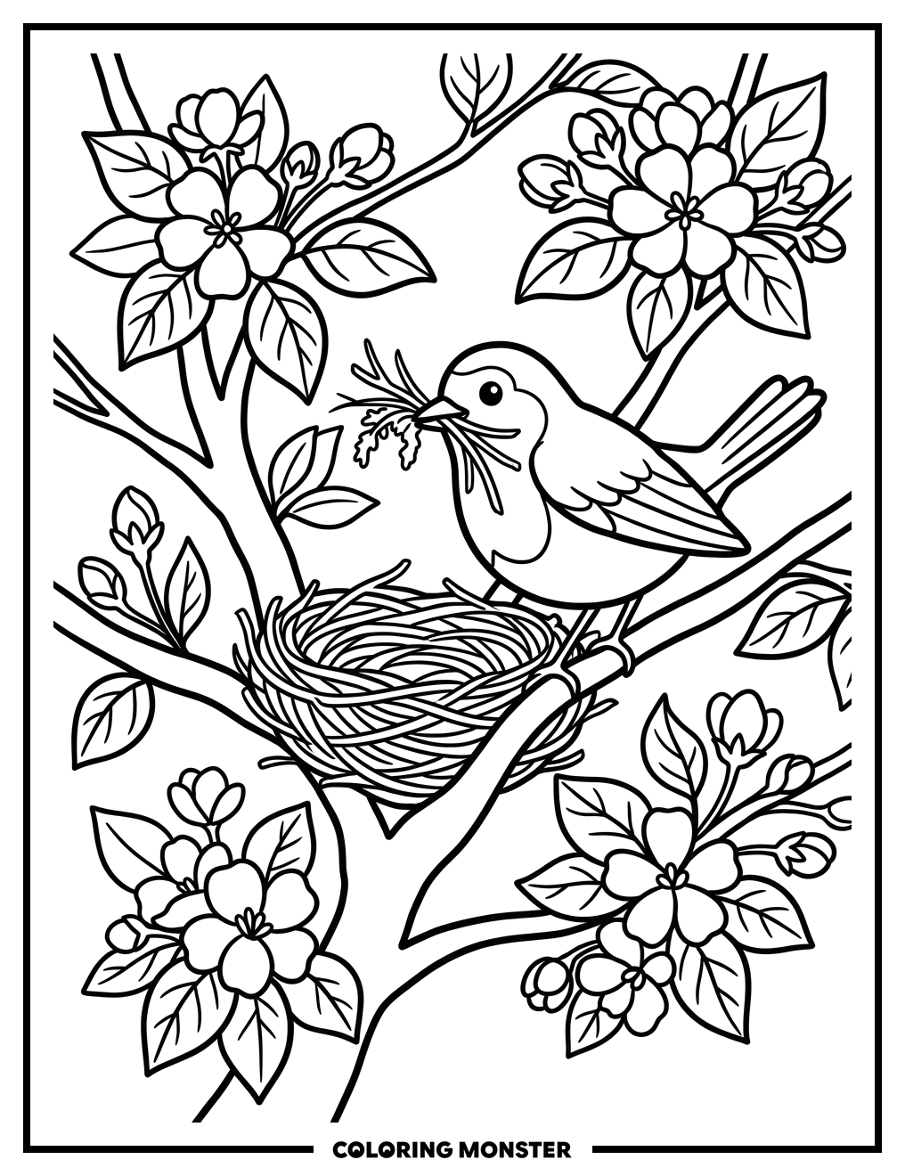 Robin Building Nest in Blossoming Tree Coloring Page