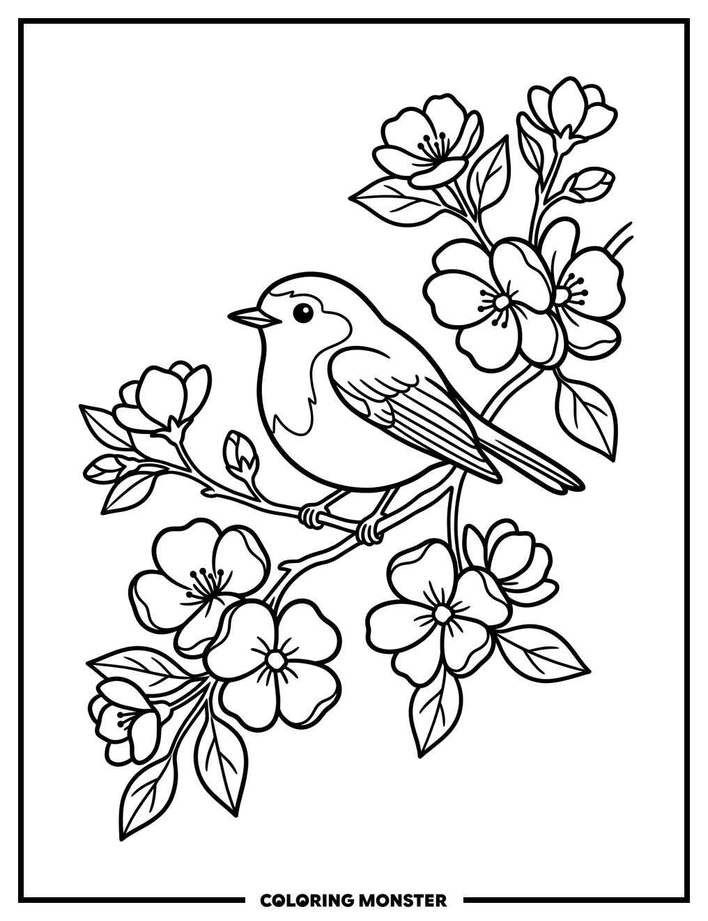 Robin Perched on Blossoming Branch Coloring Page