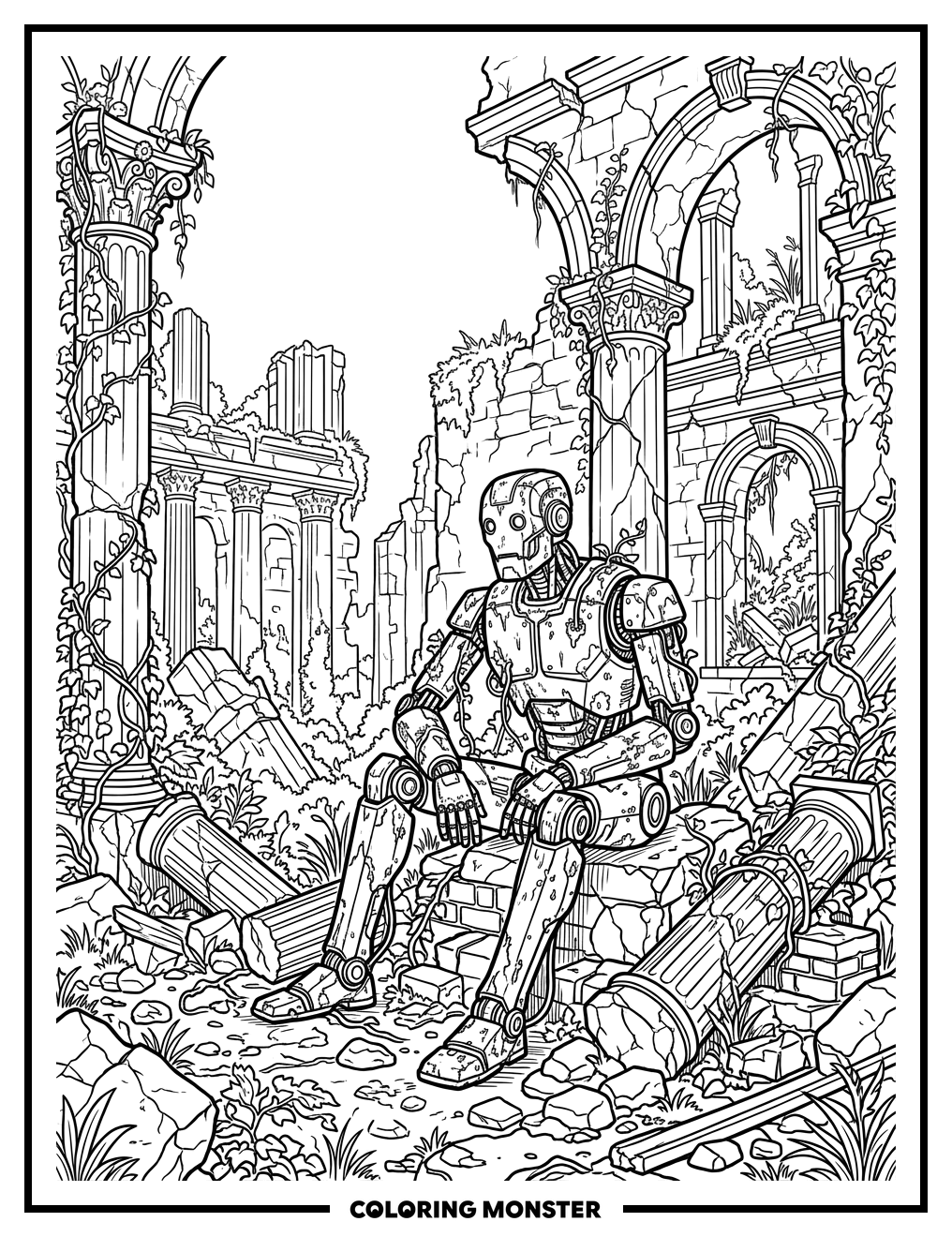 Robot Among Ancient Ruins Coloring Page