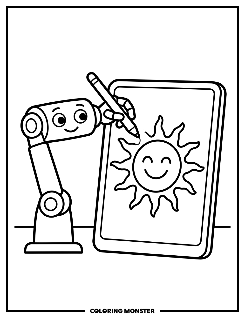 Robot Arm Drawing a Sun Coloring Page