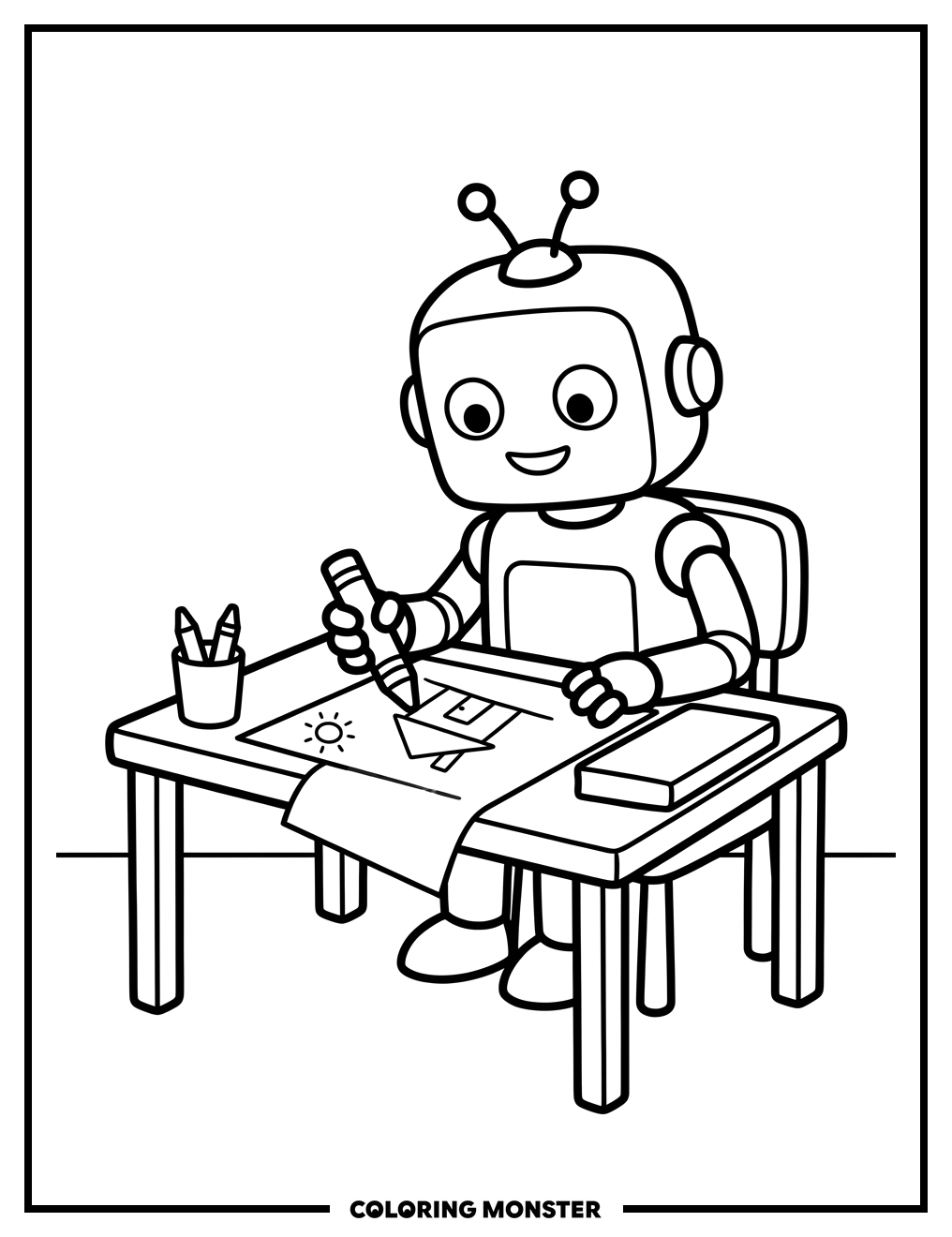 Robot Artist at Desk Coloring Page