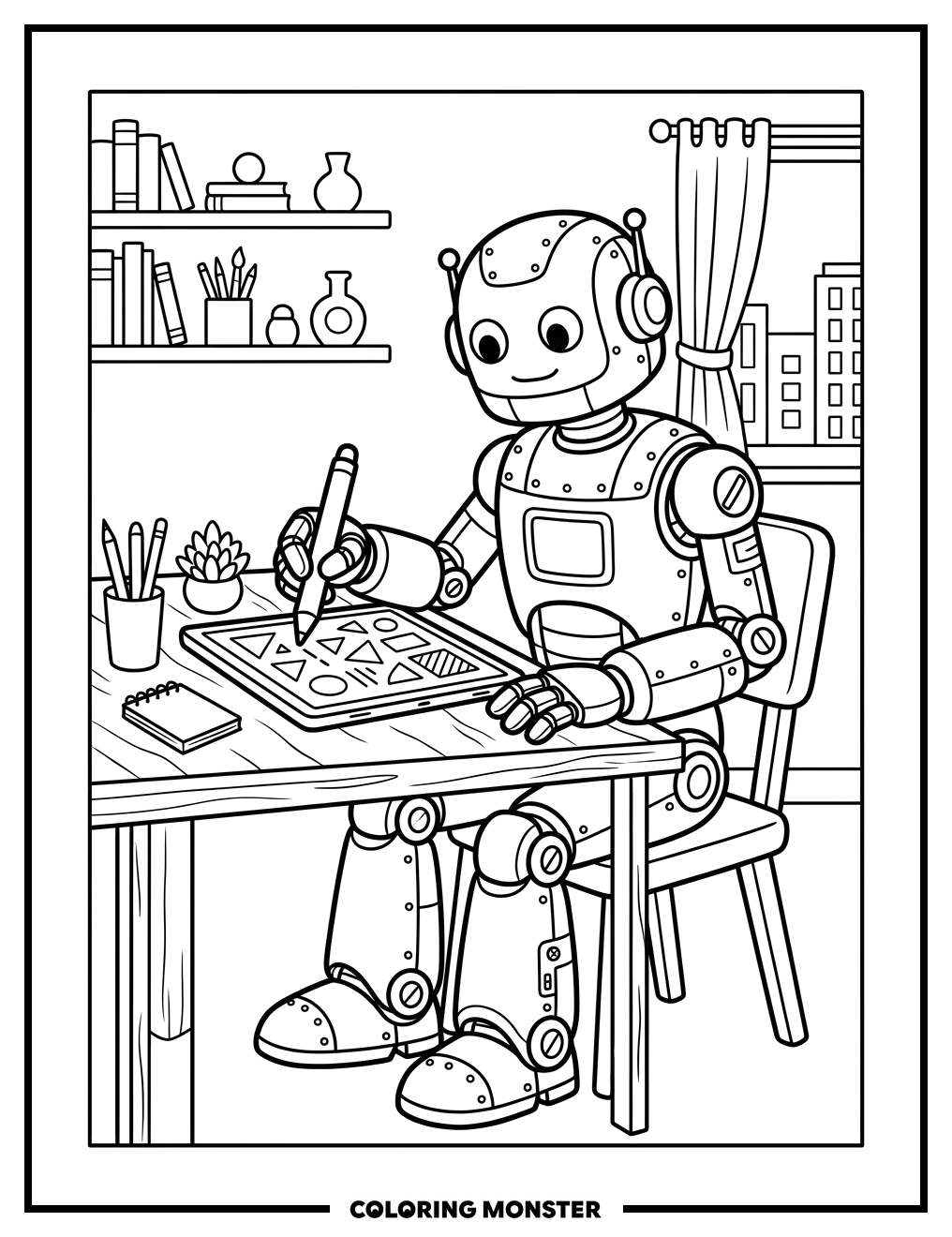 Robot Artist at Desk Coloring Page