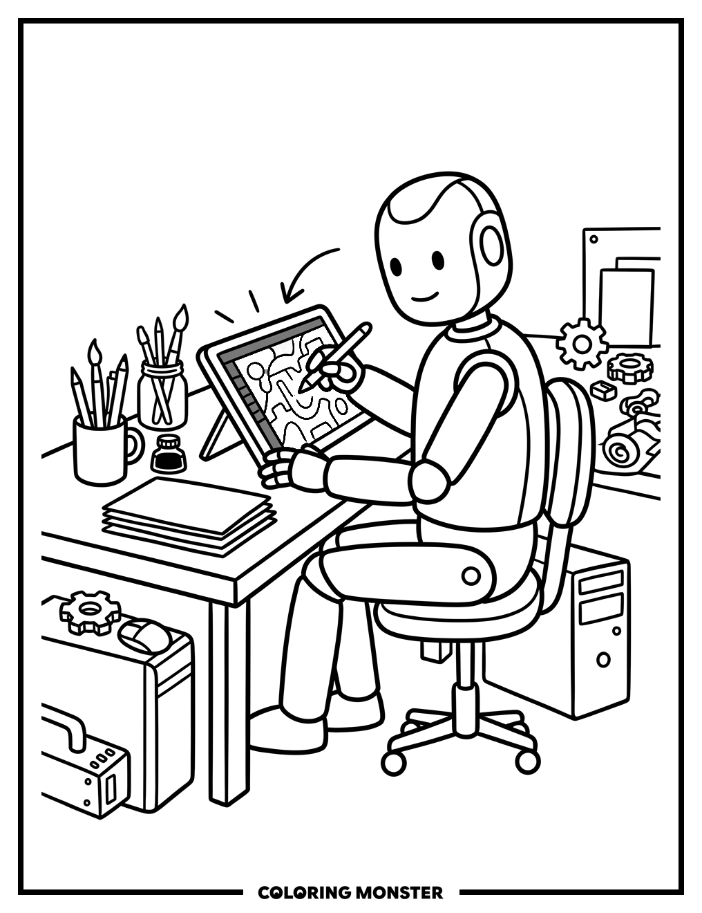 Robot Artist at Digital Desk Coloring Page