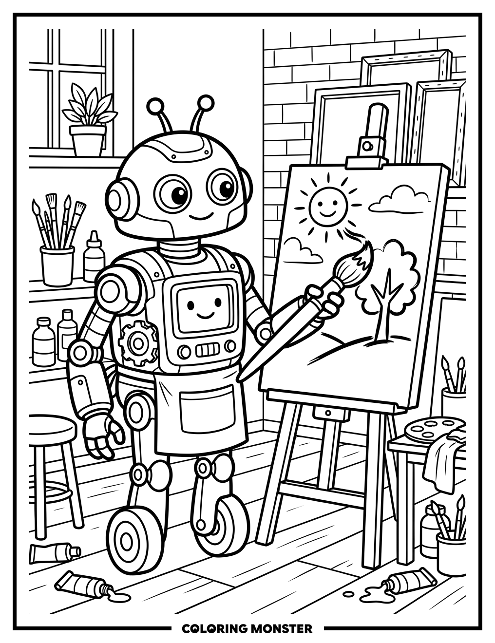 Robot Artist at Work Coloring Page