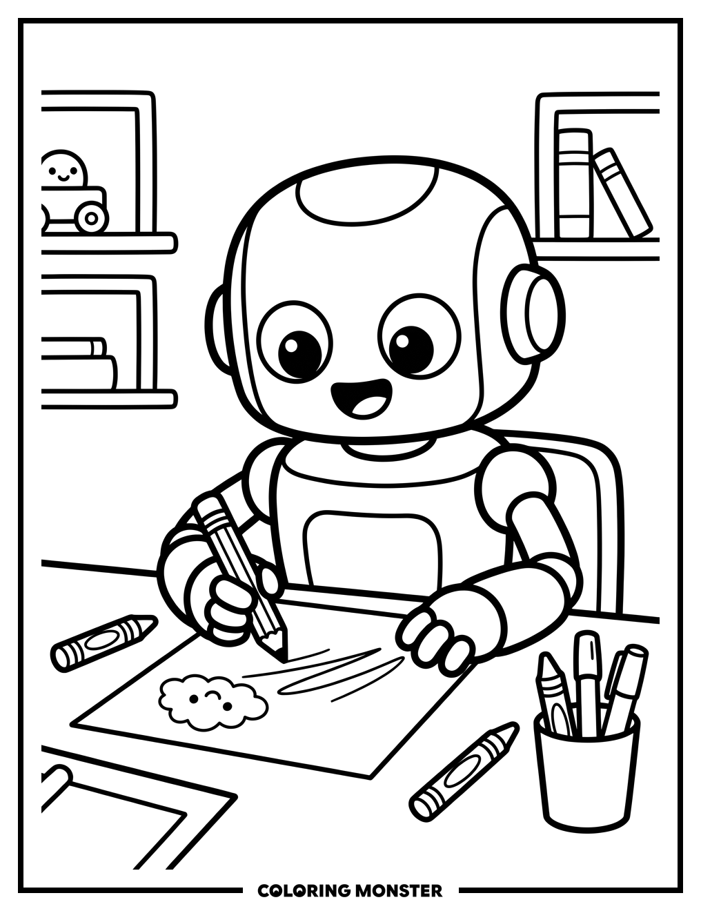 Robot Artist at Work Coloring Page