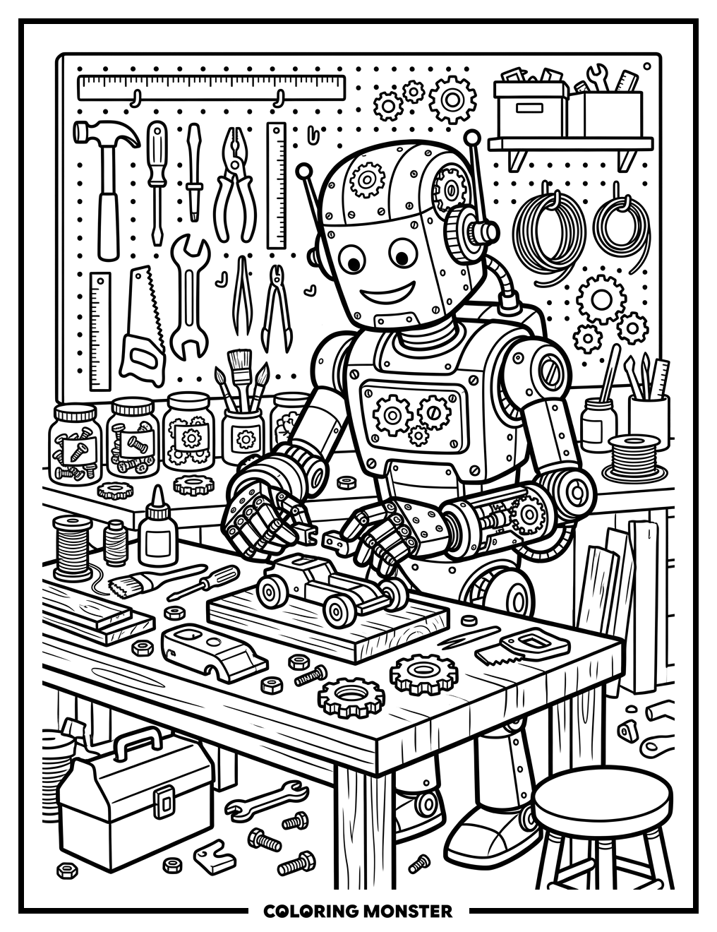 Robot Assembling a Toy Coloring Page