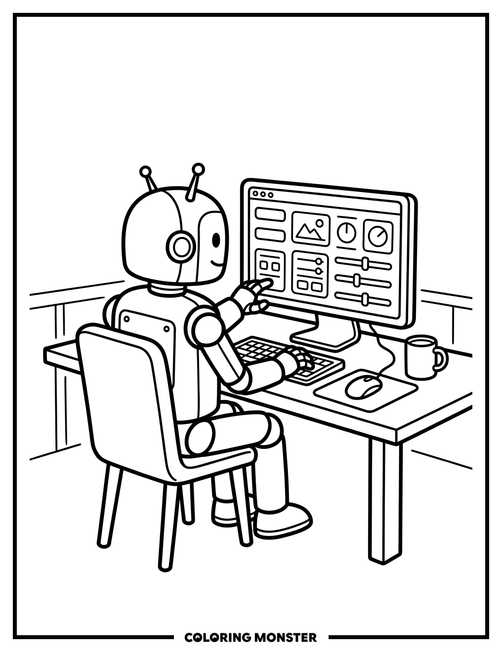 Robot At Computer Desk Coloring Page