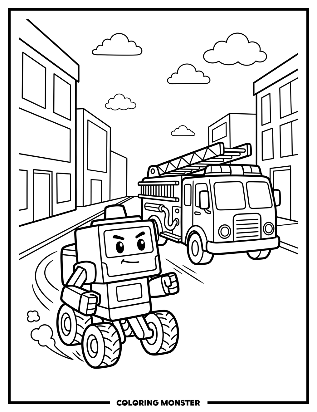 Robot Chasing Fire Truck Coloring Page