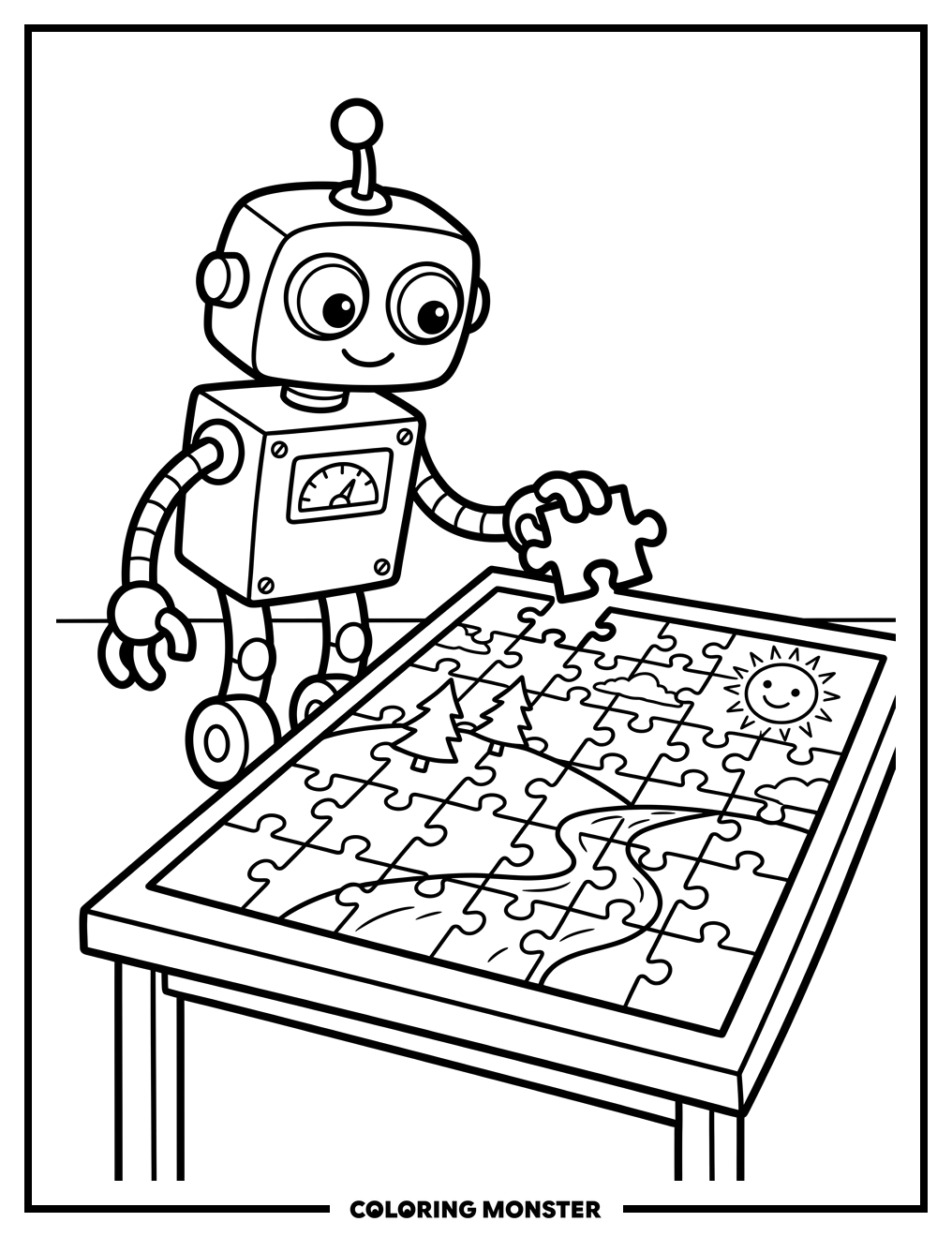Robot Completes Jigsaw Puzzle Coloring Page