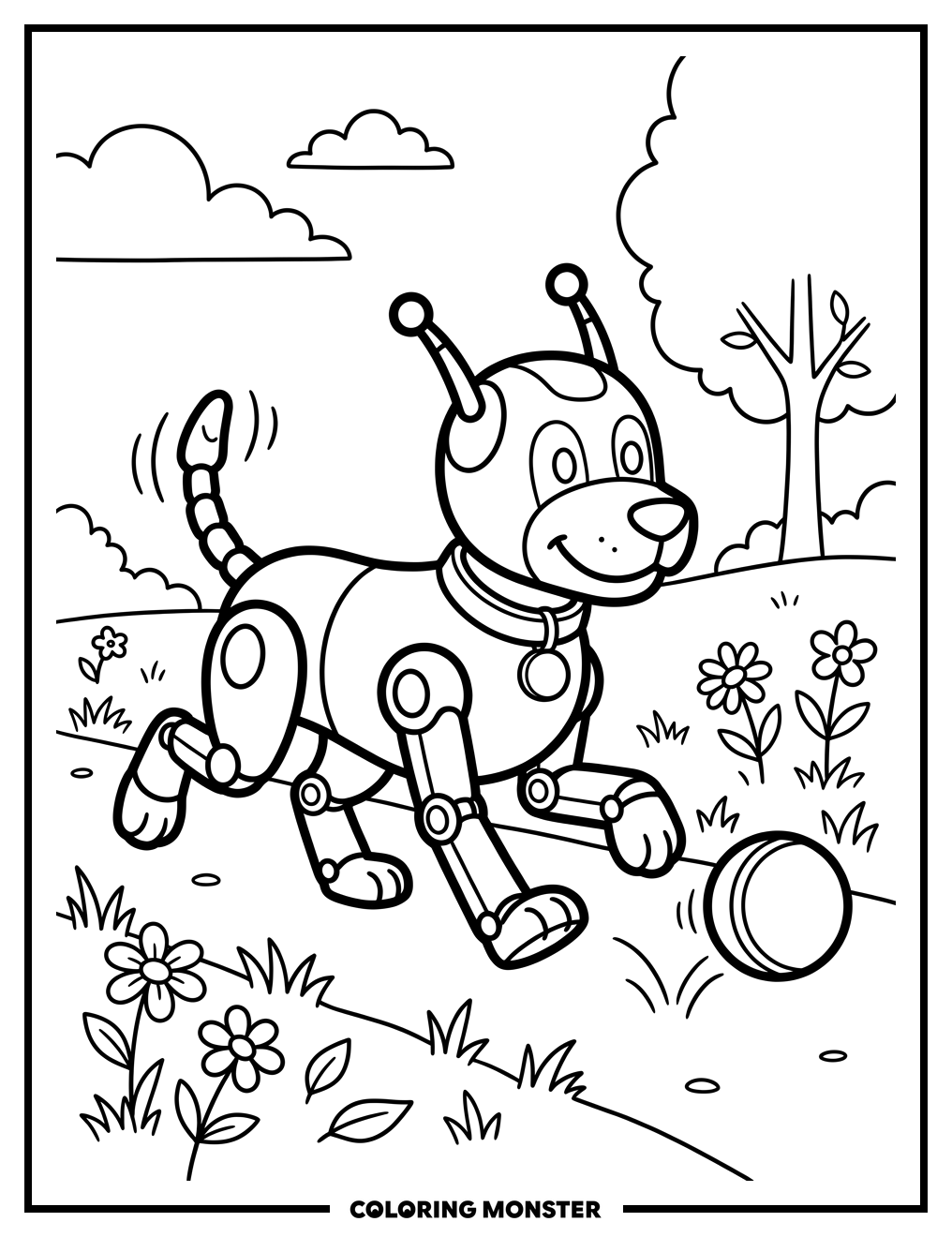 Robot Dog Chasing Ball Coloring Page