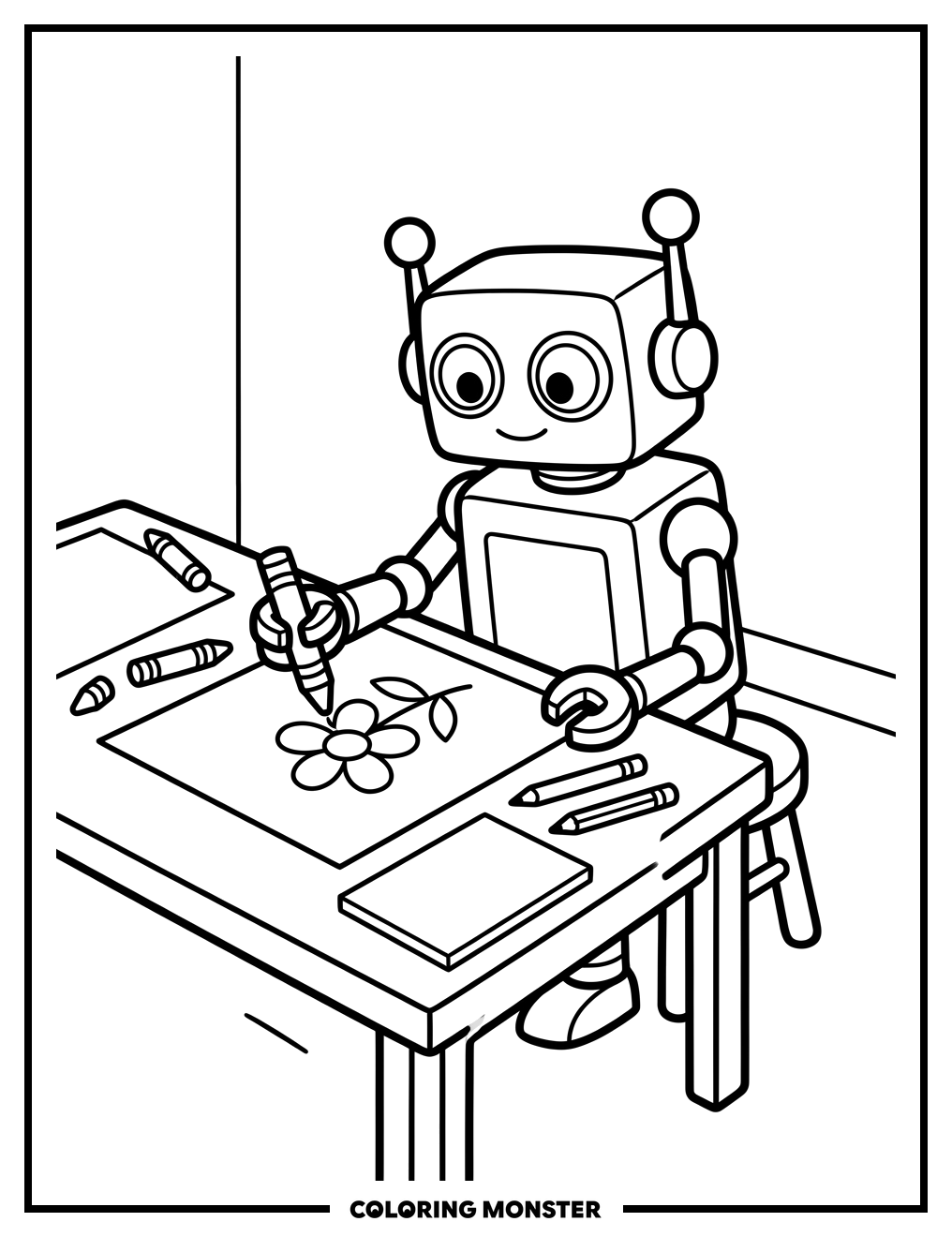 Robot Drawing a Flower Coloring Page