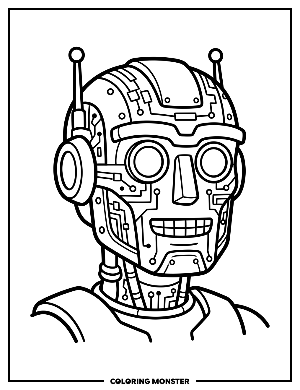 Robot Head with Circuits Coloring Page