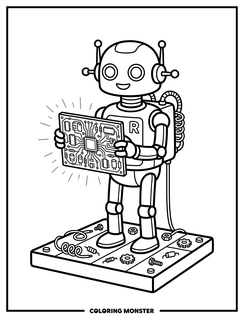 Robot Holding Circuit Board Coloring Page