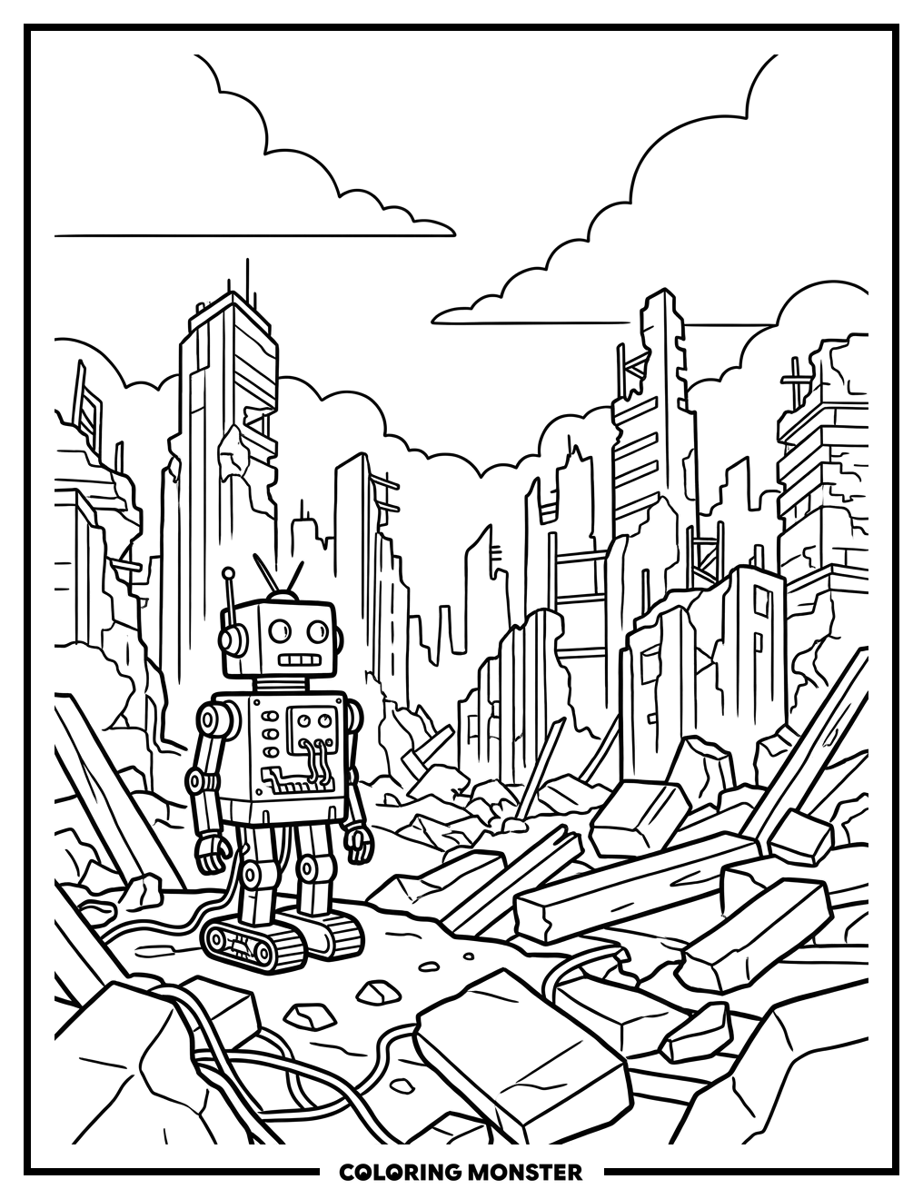 Robot in Ruined City Coloring Page
