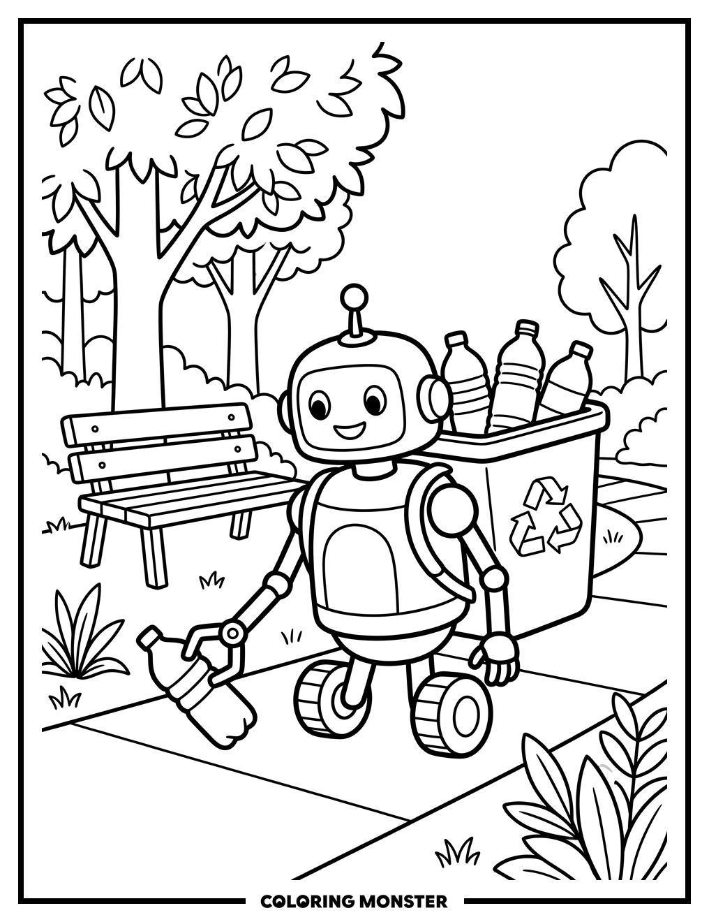 Robot Recycling Plastic Bottles Coloring Page