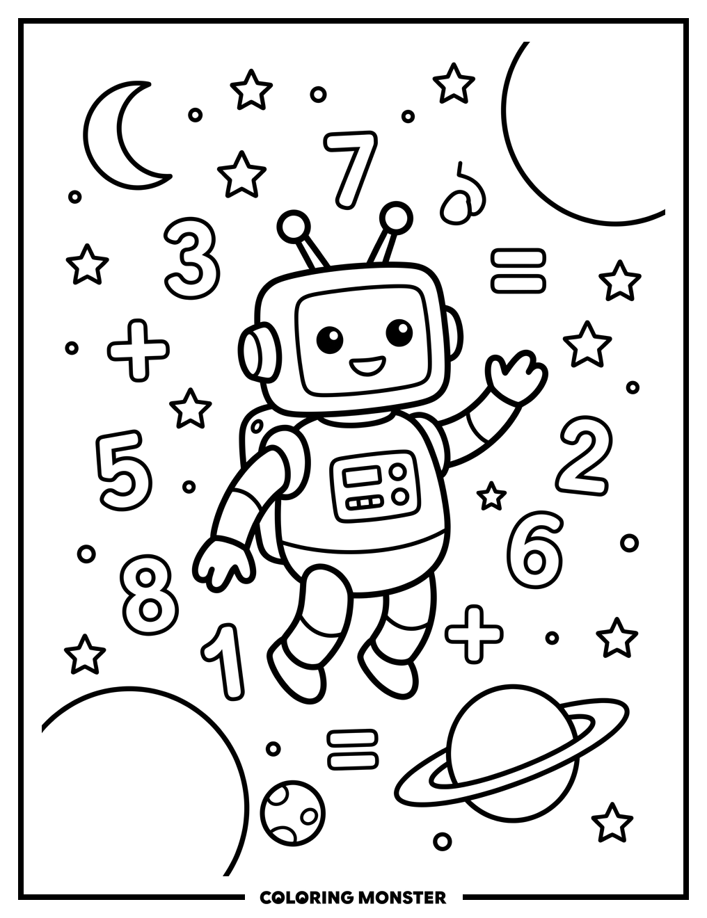 Robot With Math Symbols in Space Coloring Page