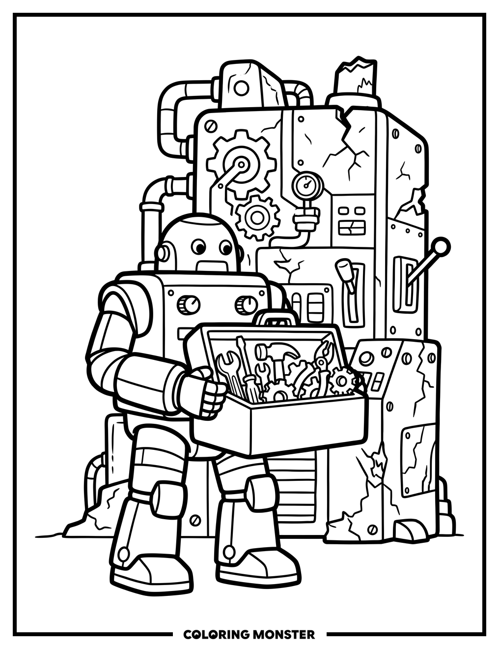 Robot With Toolbox And Machine Coloring Page