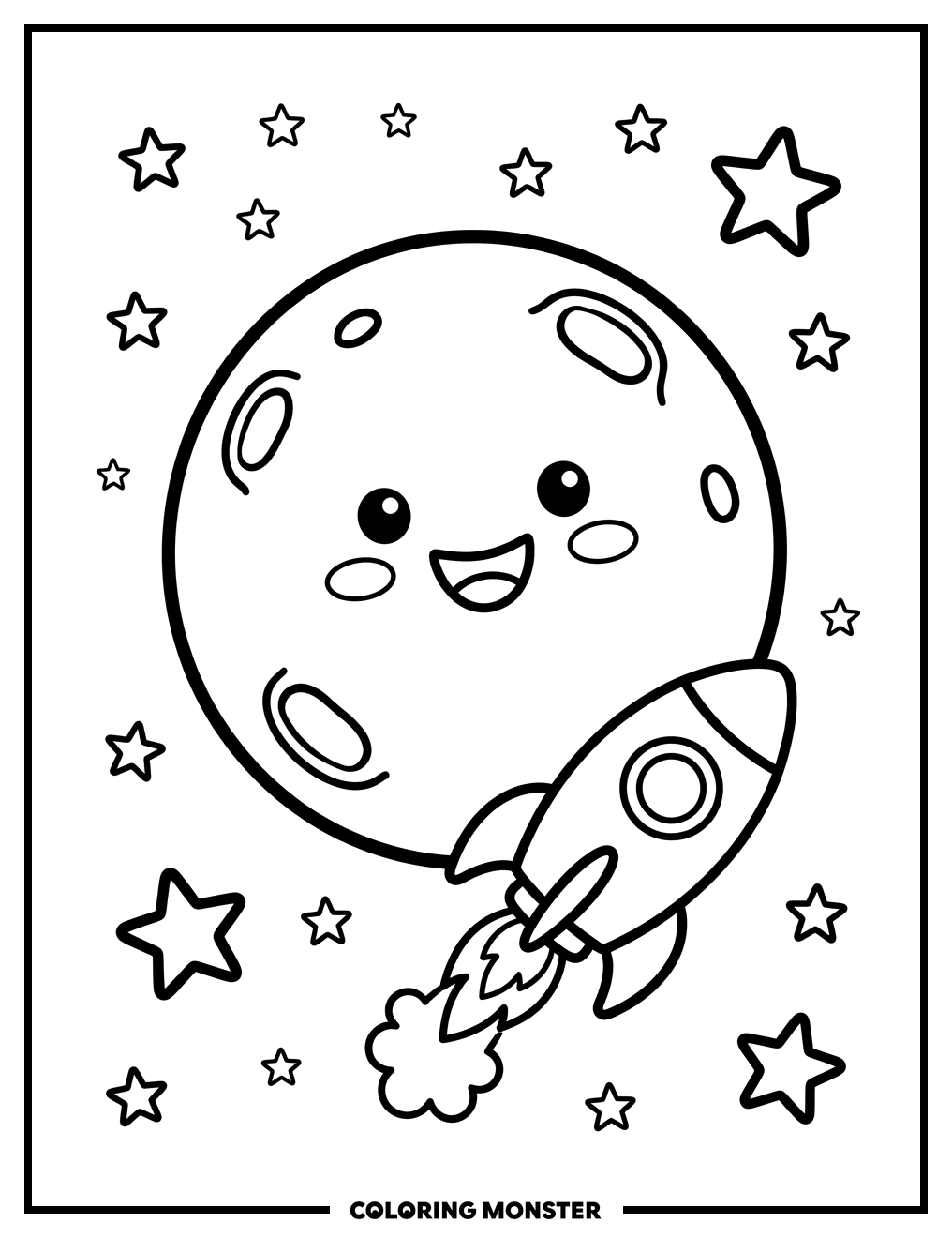 Rocket Ship Flies Past Friendly Moon Coloring Page