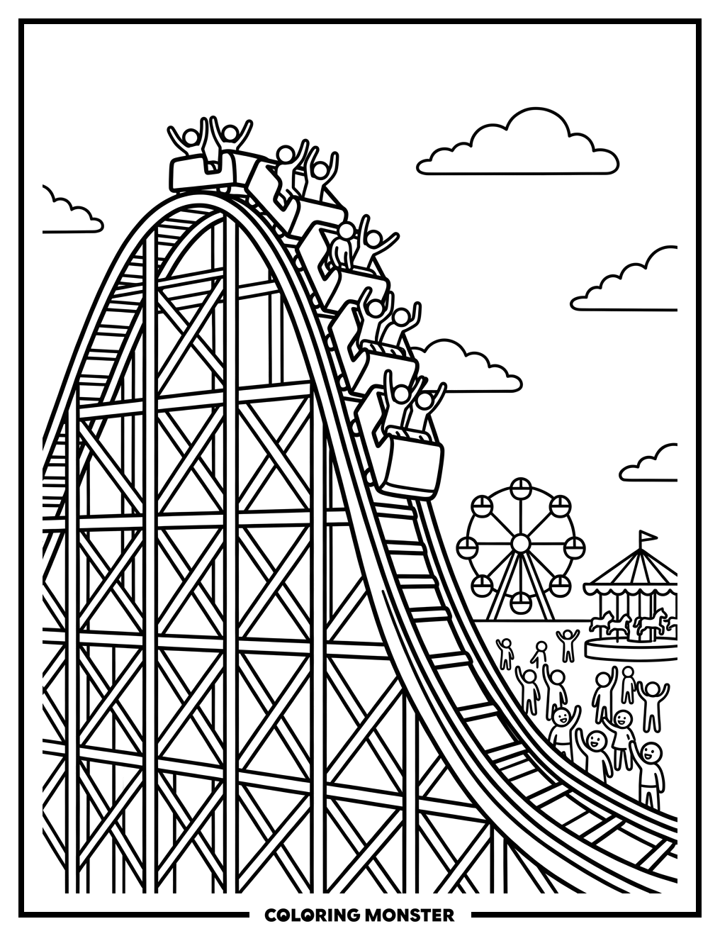 Roller Coaster Plunges Down Steep Hill Coloring Page