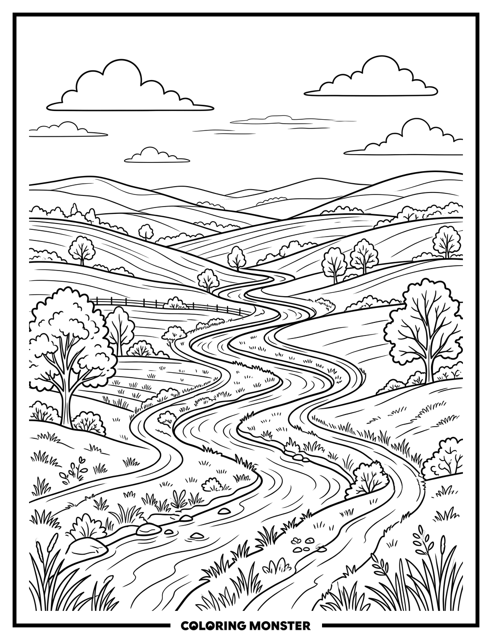 Rolling Hills Beside A Winding River Coloring Page
