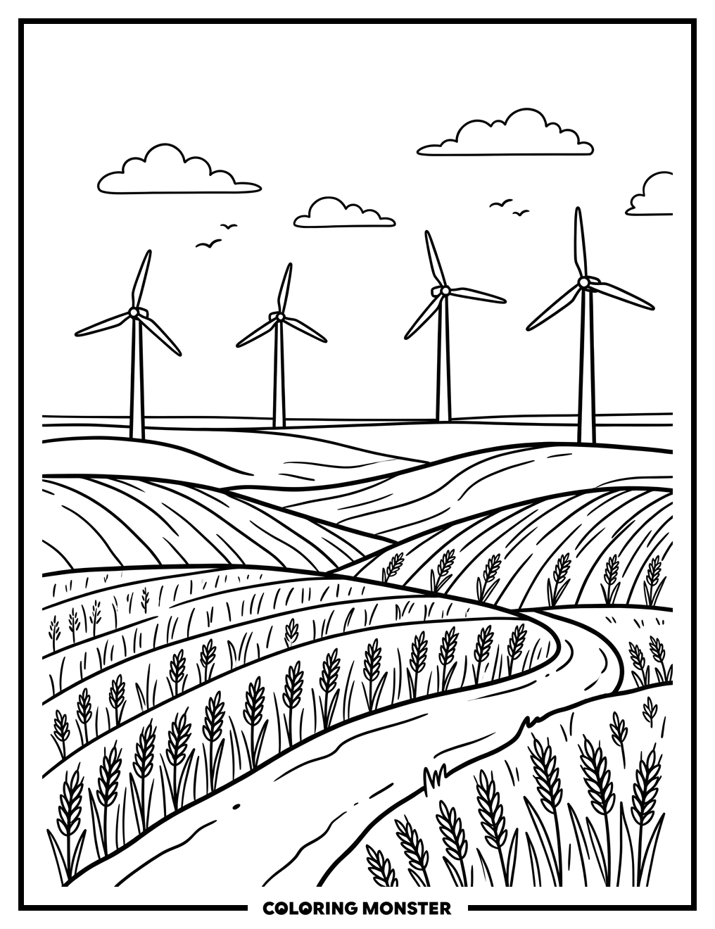 Rolling Hills With Wheat And Wind Turbines Coloring Page