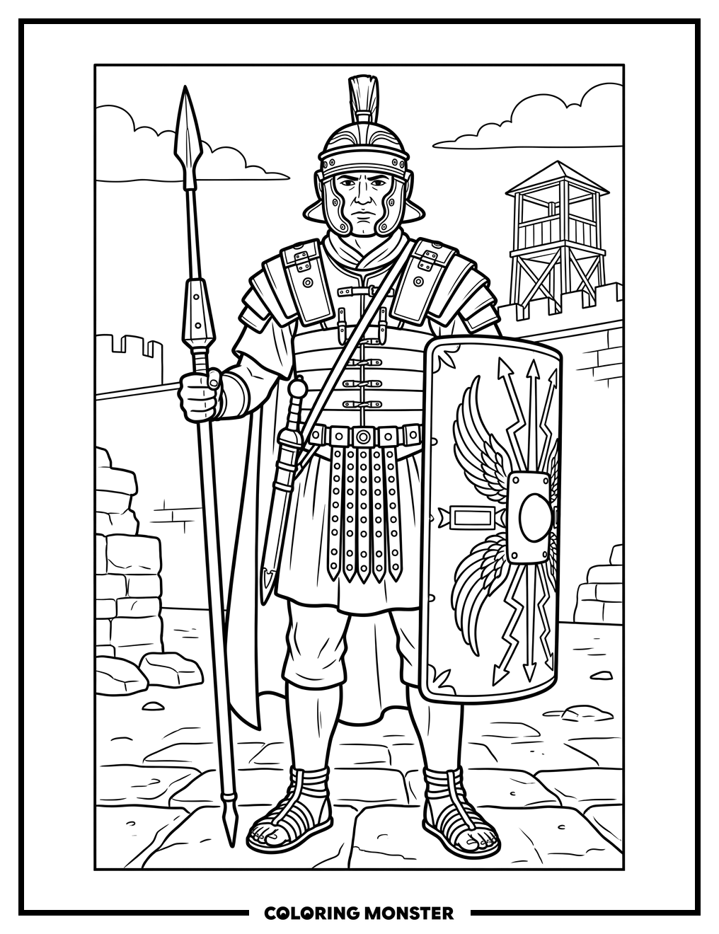 Roman Legionary with Shield and Spear Coloring Page