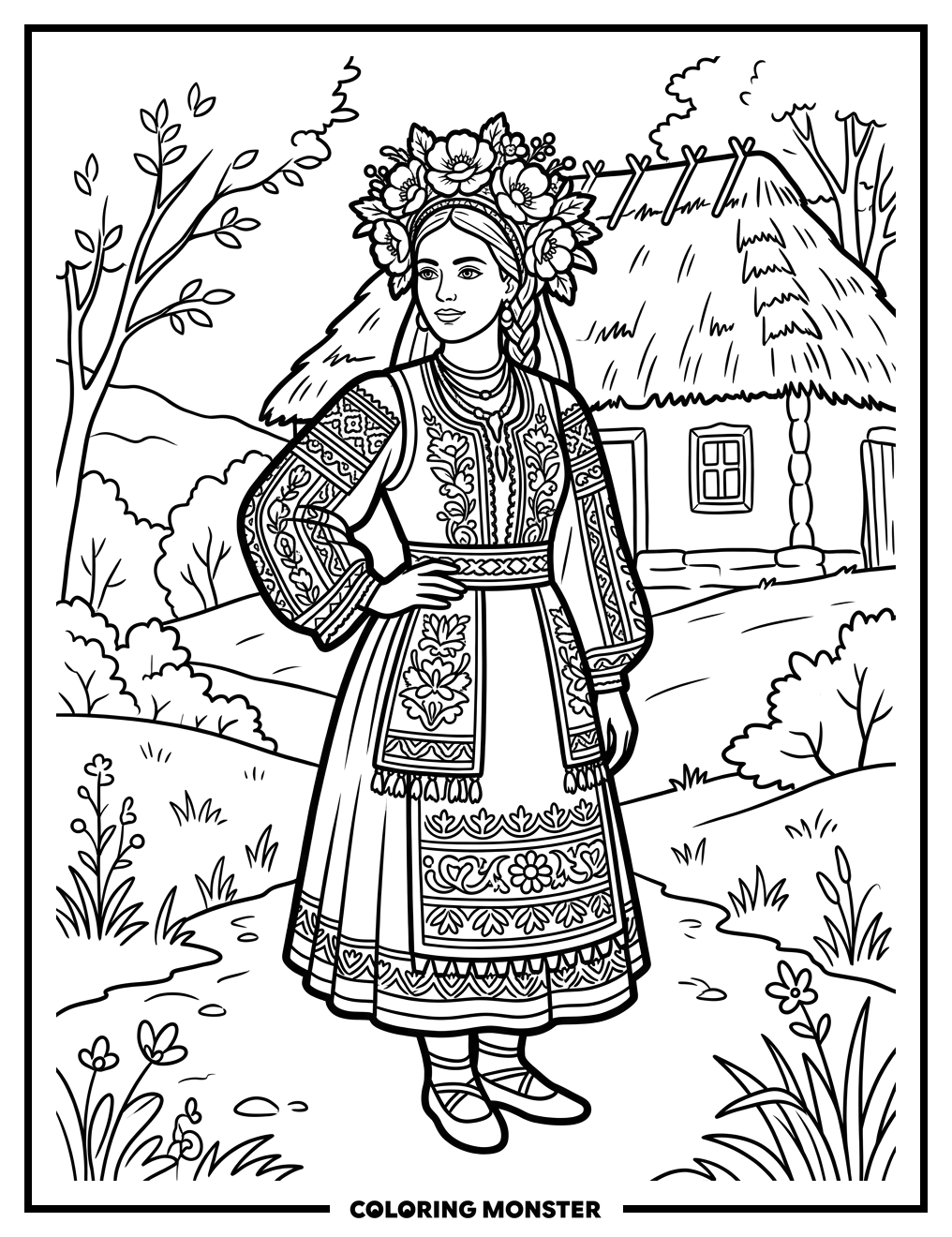 Romanian Woman in Traditional Dress Coloring Page