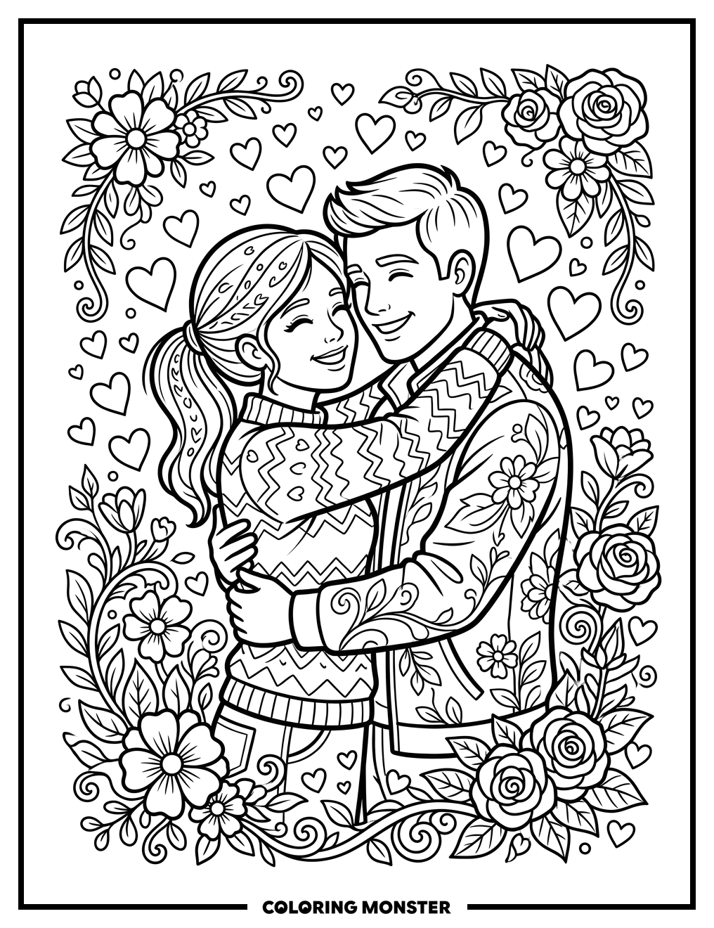 Romantic Couple Embracing Amidst Hearts Coloring Page
