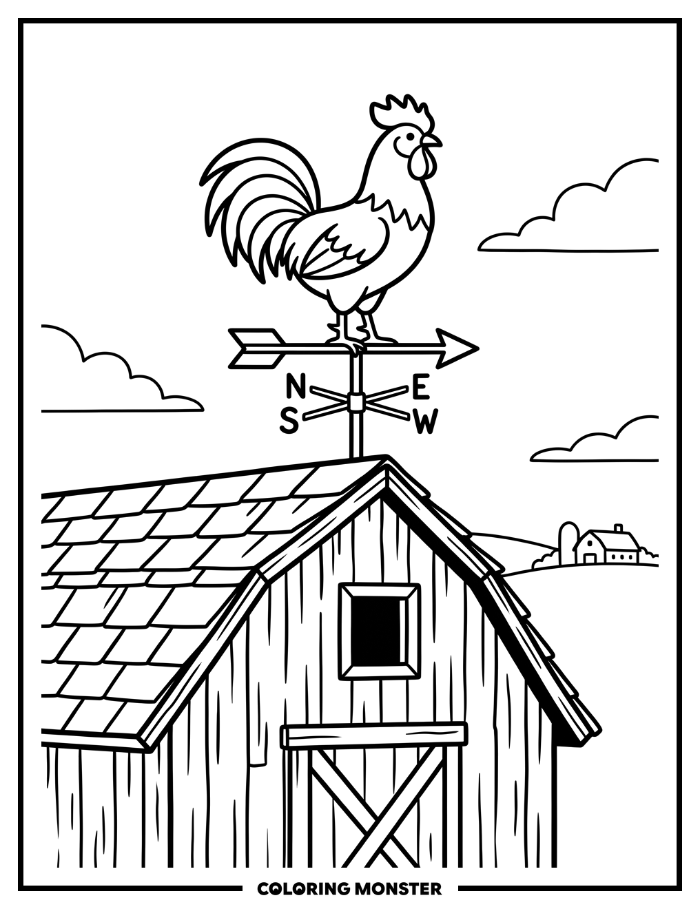 Rooster Weathervane on Barn Coloring Page