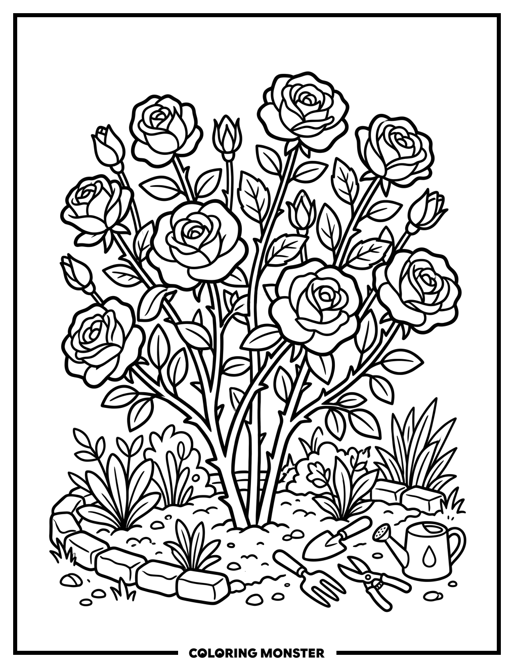 Rose Bush in Garden Coloring Page